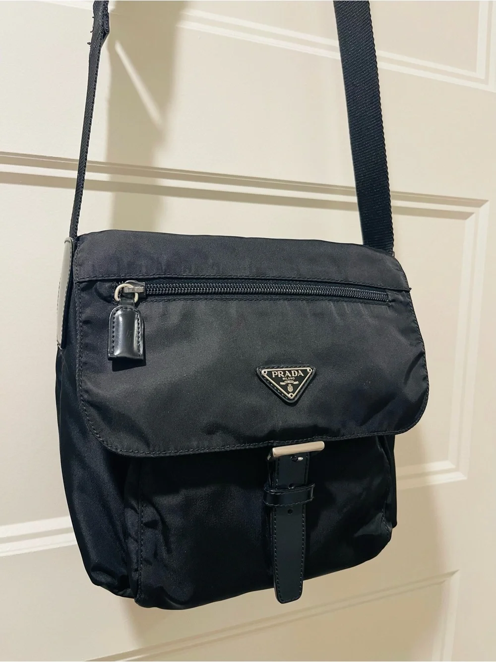 Prada Black Nylon Messenger Crossbody Bag with Silver Hardware
